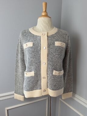 Sioni Cream Black Knit Old Money Office‎ Casual Classic Lady Cardigan Sweater